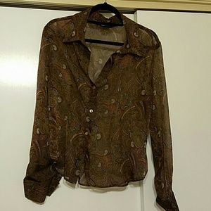 Size large sheer brown paisley button down shirt